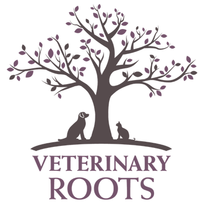 A tree with a dog and cat under it as the Veterinary Roots logo, a collection of vet-owned veterinary hospitals in and around Seattle.